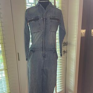 Free People distressed denim straight leg jumpsuit